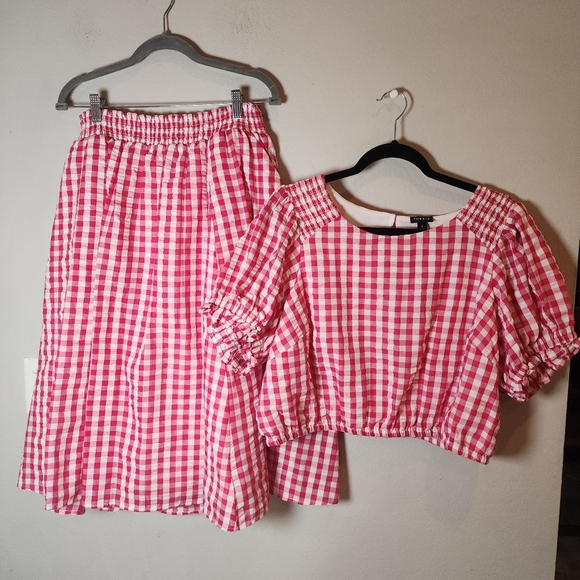 Torrid Midi Seersucker Smocked Skirt Set Pink White Gingham Plaid Size 1X - Picture 3 of 16